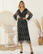 V-Neck Long Sleeve Sequin Fringe Mesh Midi Dress | Oyese