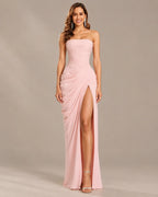 Strapless Ruched Mermaid Gown – High Slit Fitted Formal Evening Dress | Oyese