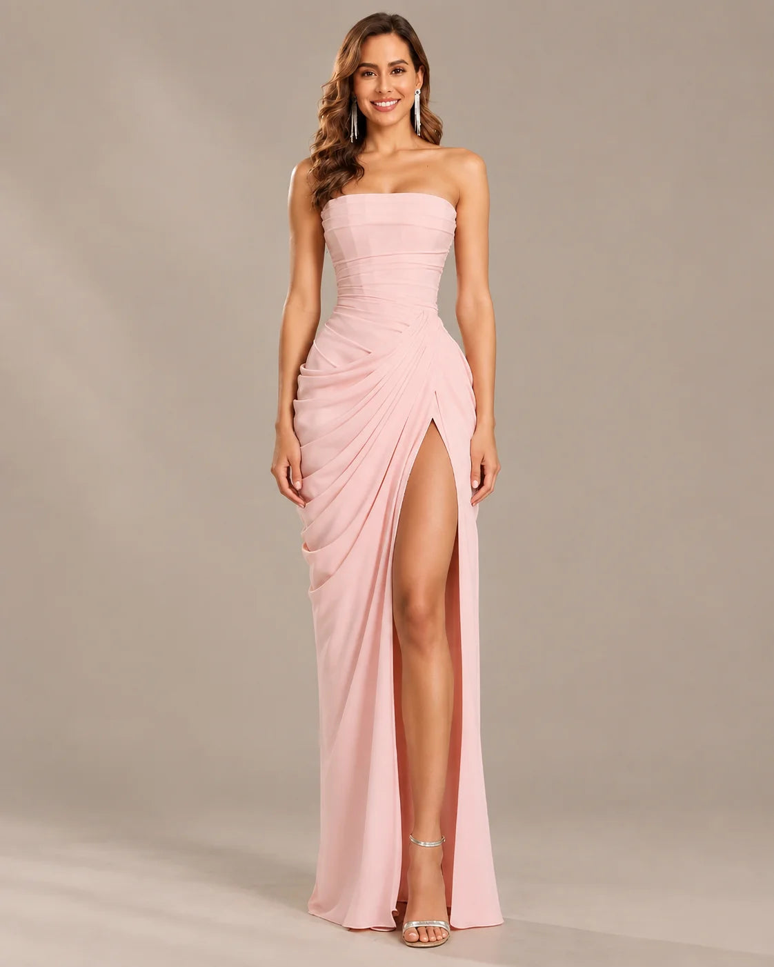 Strapless Ruched Mermaid Gown – High Slit Fitted Formal Evening Dress | Oyese