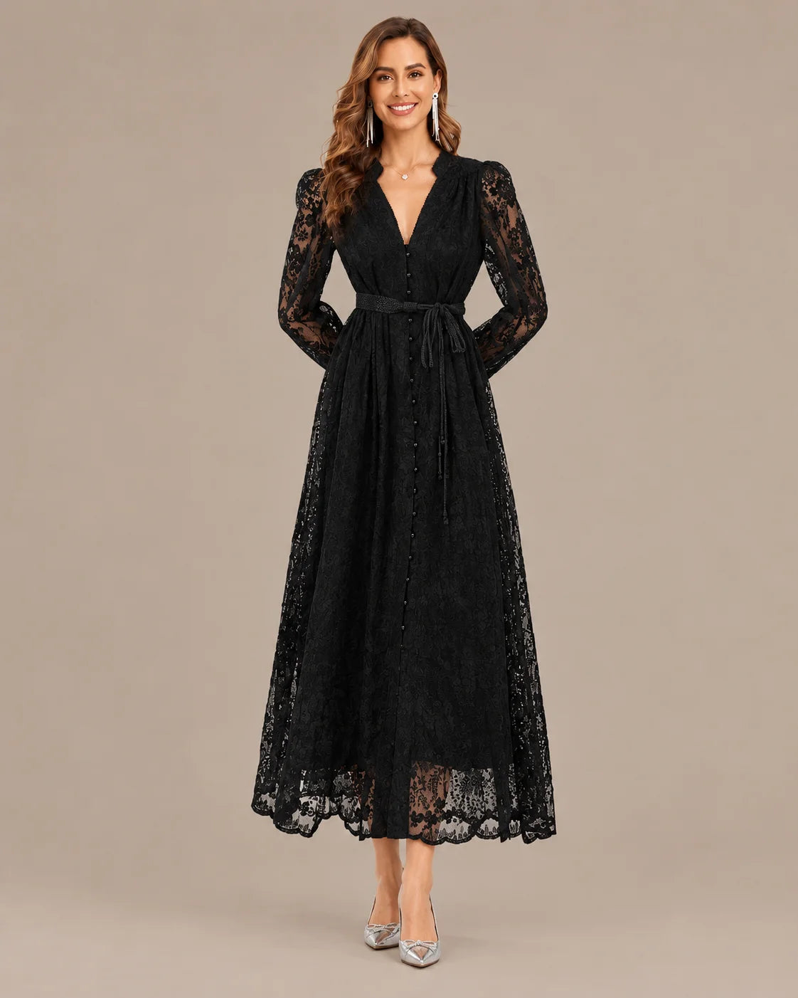 V-Neck Lace Lantern Sleeve Tasseled Belt Midi Dress | Oyese