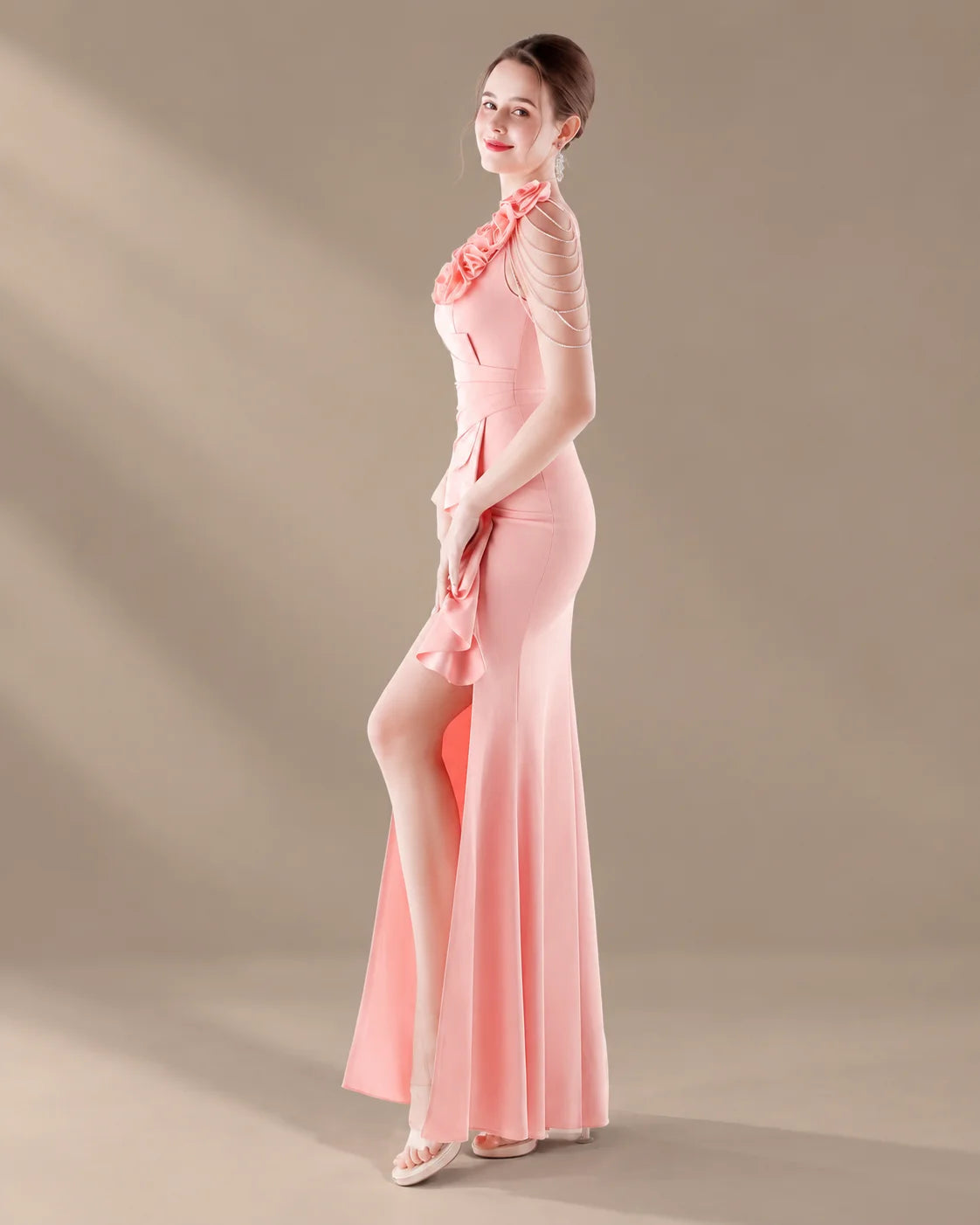 V-Neck 3D Floral Shoulder Beaded Mermaid Evening Gown | Oyese