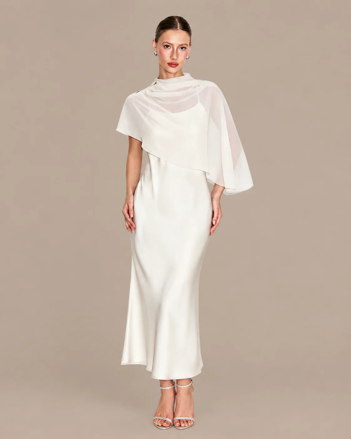 Chiffon Cape Mock Neck Satin Midi Dress – Elegant Cocktail Wedding Guest Dress | Oyese