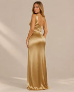 Satin Cowl Neck Ruched Maxi Dress – High Slit Evening Gown | Oyese