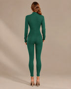 Ribbed Knit Zip-Front Long Sleeve Bodycon Jumpsuit | Oyese