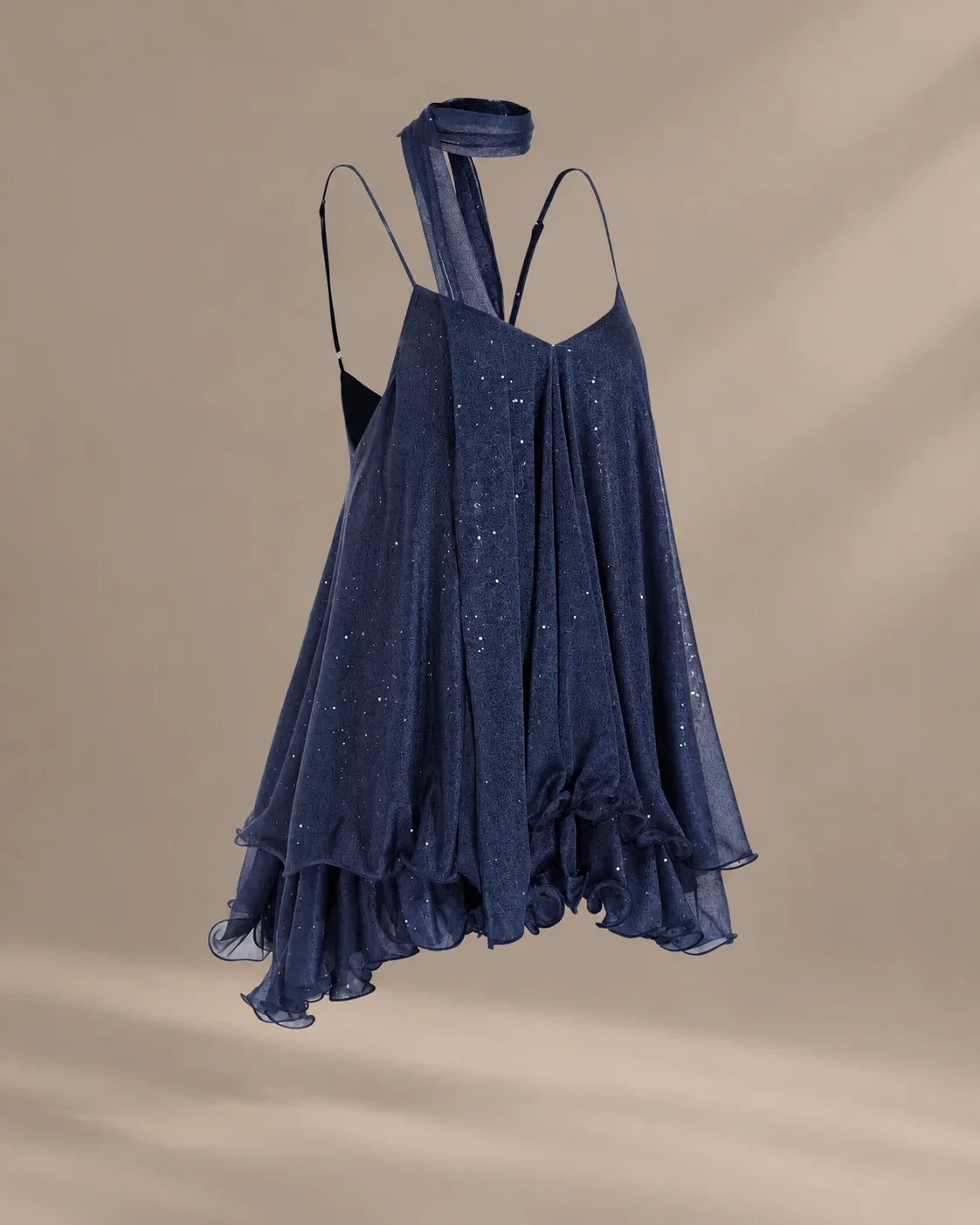 Chiffon Cami Mini Dress with Neck Scarf – Loose Ruffle Hem Party Dress | Oyese