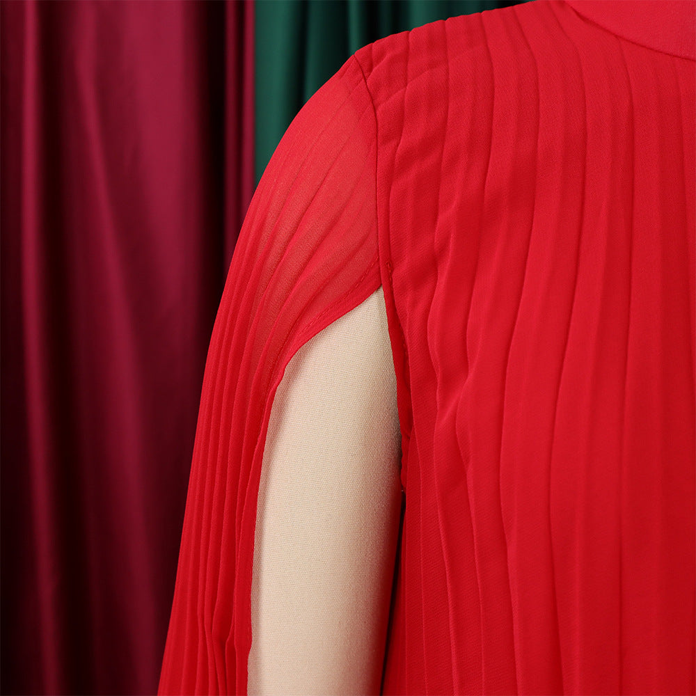 Mock Neck Pleated Chiffon Cape Shift Dress | Oyese