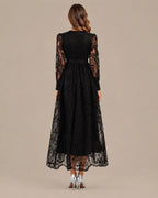 V-Neck Lace Lantern Sleeve Tasseled Belt Midi Dress | Oyese