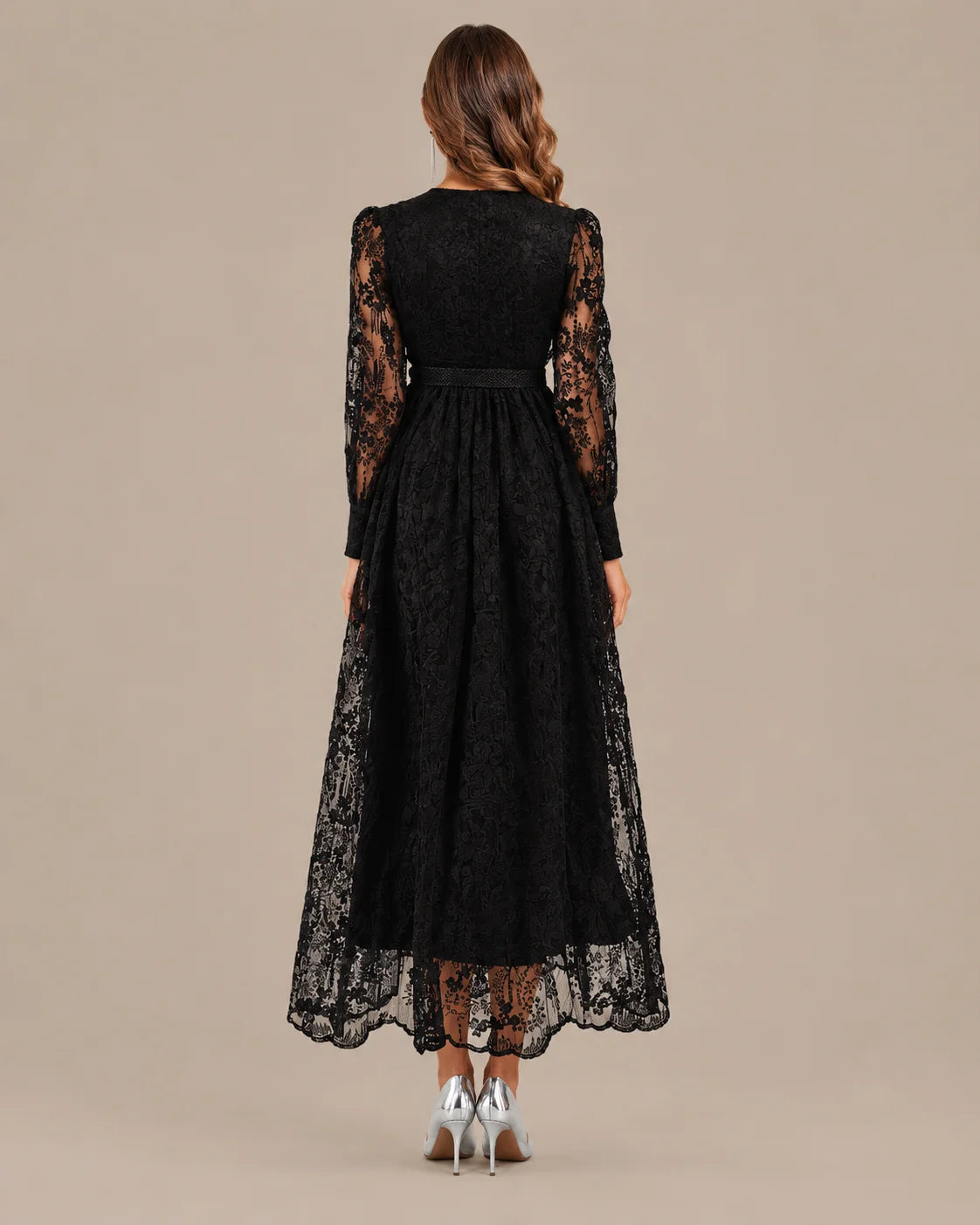 V-Neck Lace Lantern Sleeve Tasseled Belt Midi Dress | Oyese