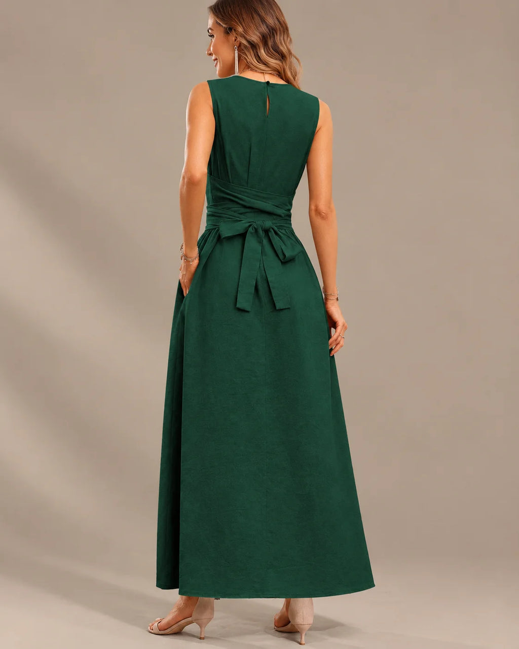 Round Neck Tie Waist Relaxed Maxi Dress – Sleeveless Textured Casual Dress | Oyese