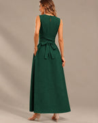 Round Neck Tie Waist Relaxed Maxi Dress – Sleeveless Textured Casual Dress | Oyese