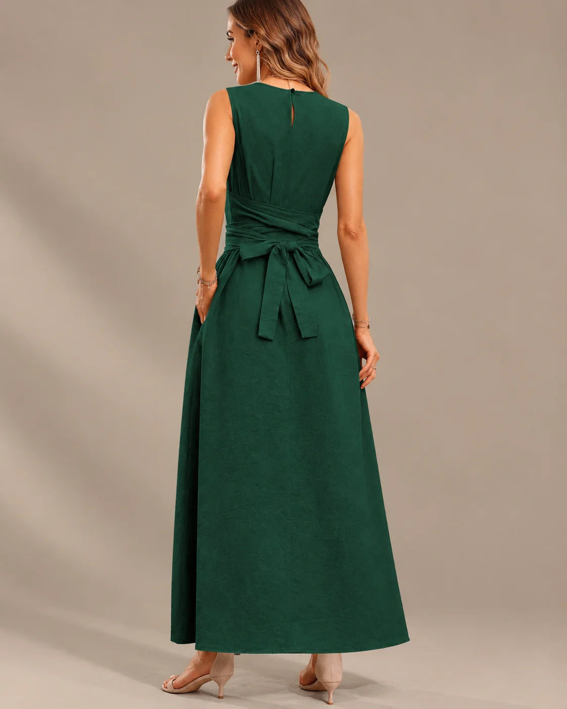 Round Neck Tie Waist Relaxed Maxi Dress – Sleeveless Textured Casual Dress | Oyese