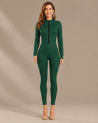 Ribbed Knit Zip-Front Long Sleeve Bodycon Jumpsuit | Oyese