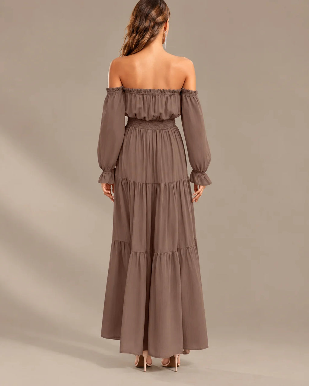 Boho Off-Shoulder Long Sleeve Tiered Maxi Dress with Side Slit | Oyese