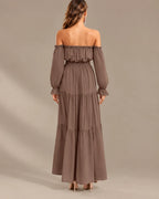 Boho Off-Shoulder Long Sleeve Tiered Maxi Dress with Side Slit | Oyese