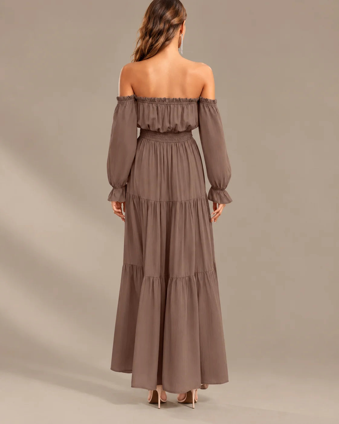 Boho Off-Shoulder Long Sleeve Tiered Maxi Dress with Side Slit | Oyese