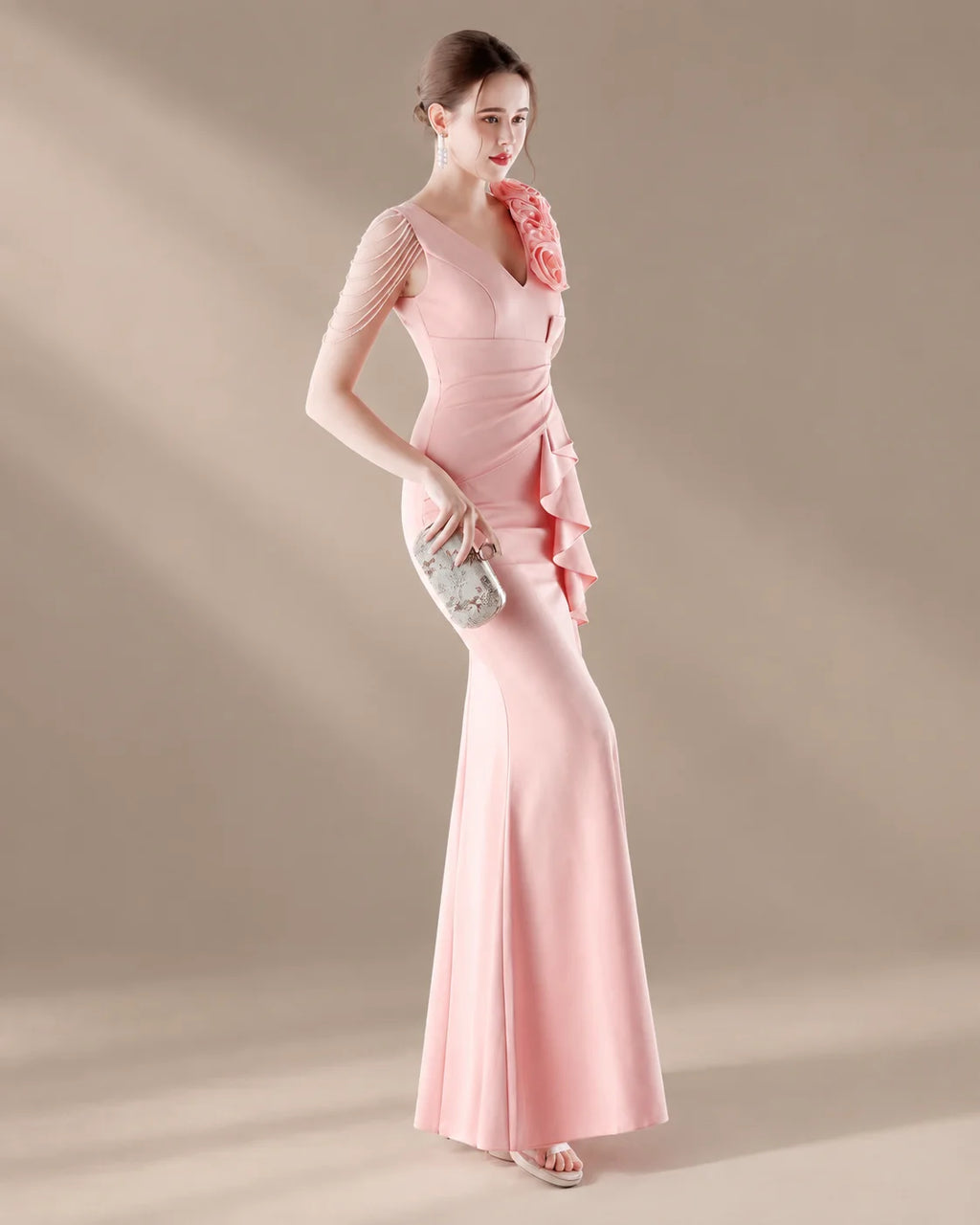 V-Neck 3D Floral Shoulder Beaded Mermaid Evening Gown | Oyese