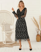 V-Neck Long Sleeve Sequin Fringe Mesh Midi Dress | Oyese