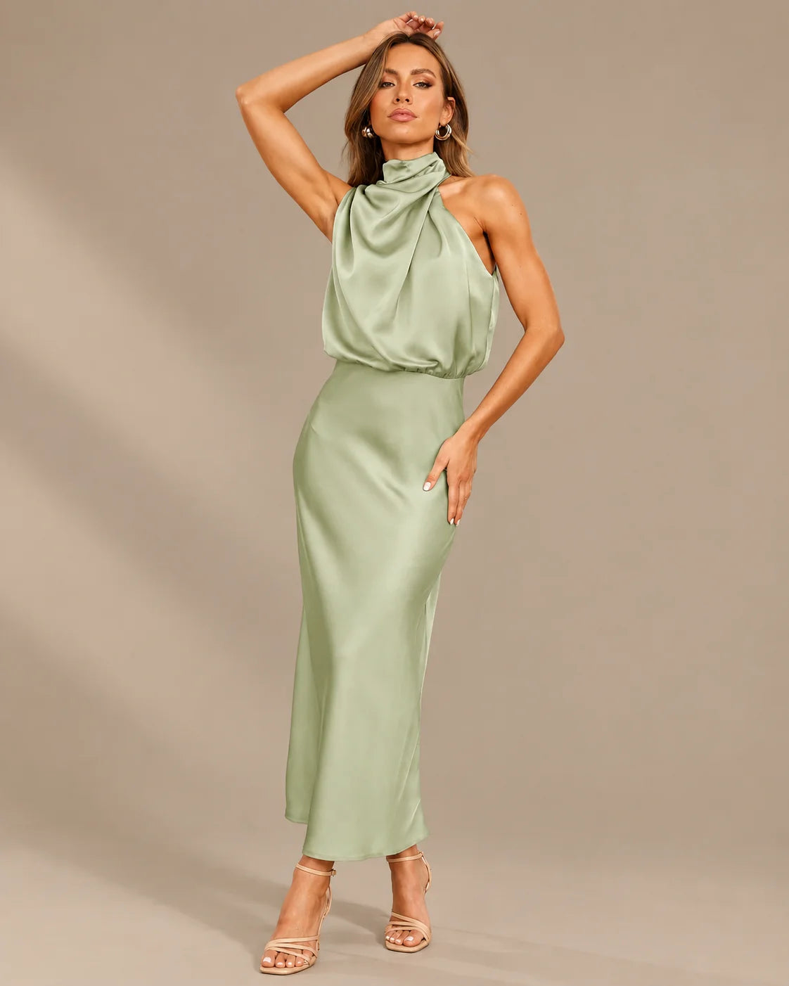 Halter Cowl Neck Draped Satin Midi Dress | Oyese