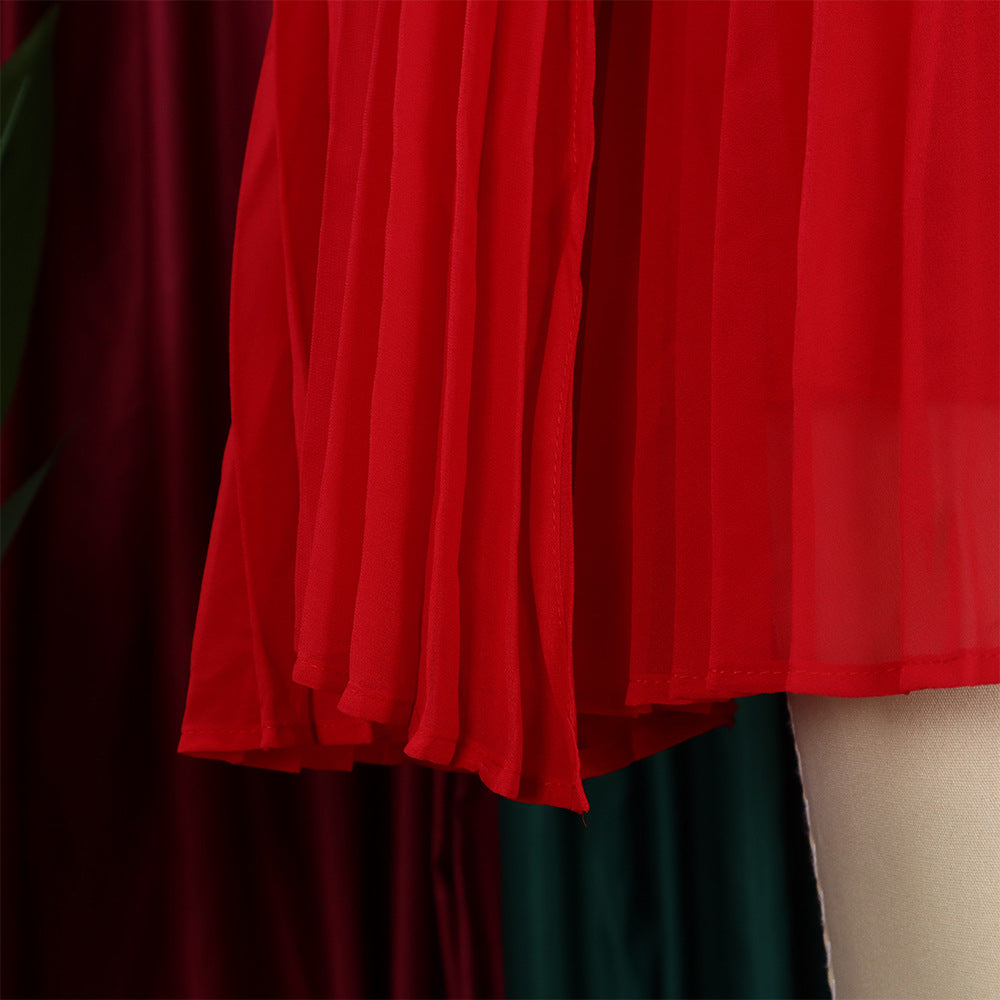 Mock Neck Pleated Chiffon Cape Shift Dress | Oyese