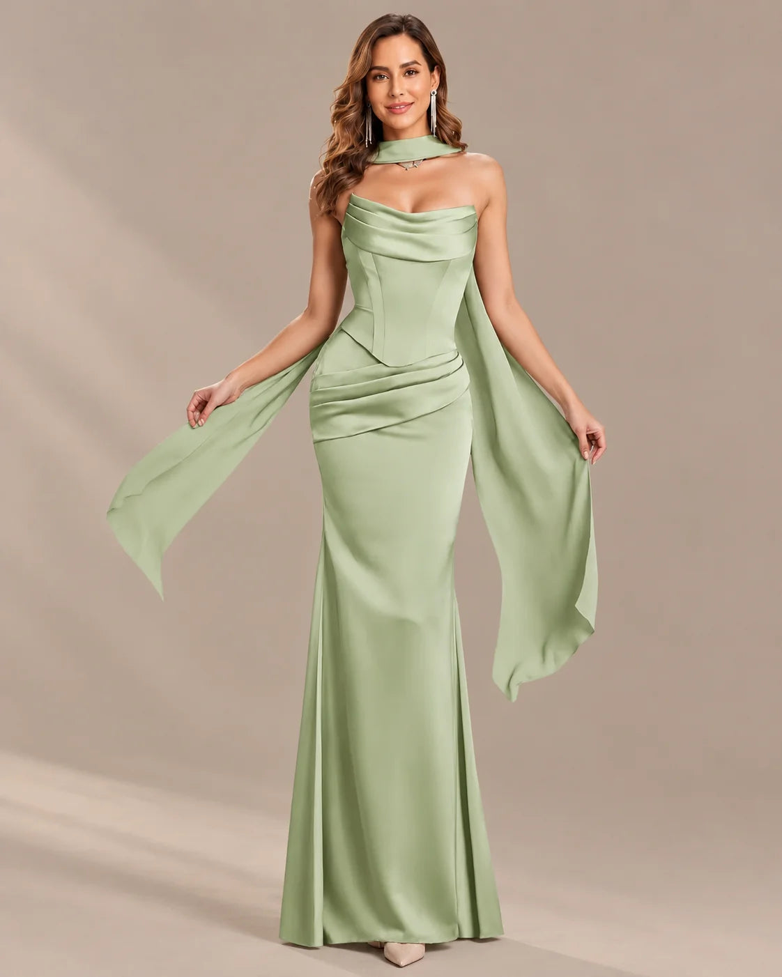 Satin Choker Neck Mermaid Gown – Asymmetric Draped Sleeve Formal Dress | Oyese