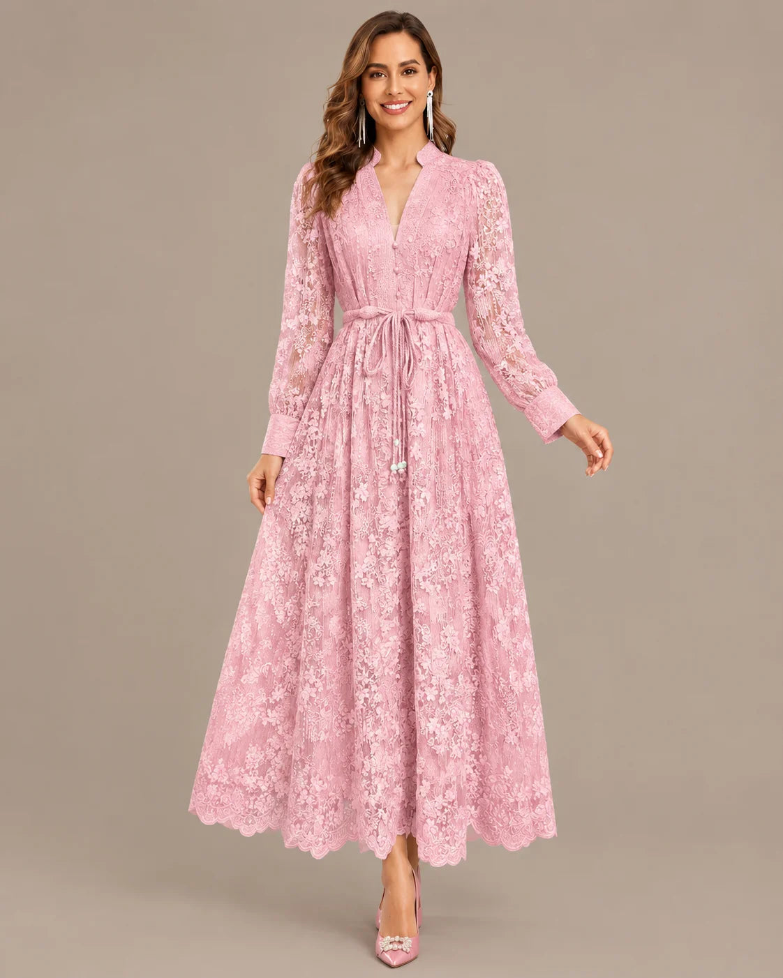 V-Neck Lace Lantern Sleeve Tasseled Belt Midi Dress | Oyese