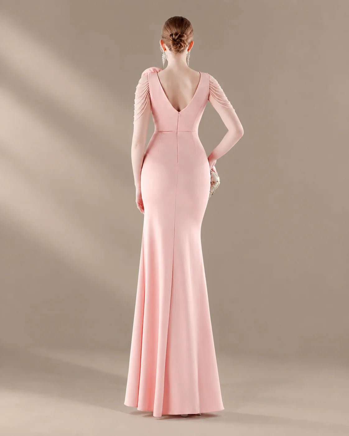 V-Neck 3D Floral Shoulder Beaded Mermaid Evening Gown | Oyese