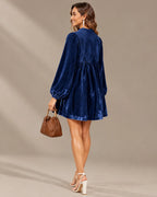 Velvet Lace Yoke Long Puff Sleeve Babydoll Mini Dress | Oyese