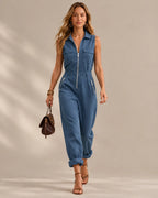 Sleeveless Collared Utility Jumpsuit with Flap Pockets | Oyese