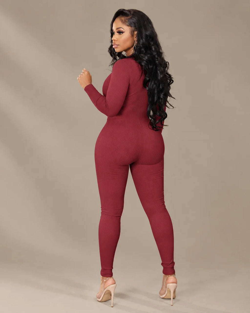 Ribbed Knit Zip-Front Long Sleeve Bodycon Jumpsuit | Oyese