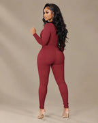 Ribbed Knit Zip-Front Long Sleeve Bodycon Jumpsuit | Oyese