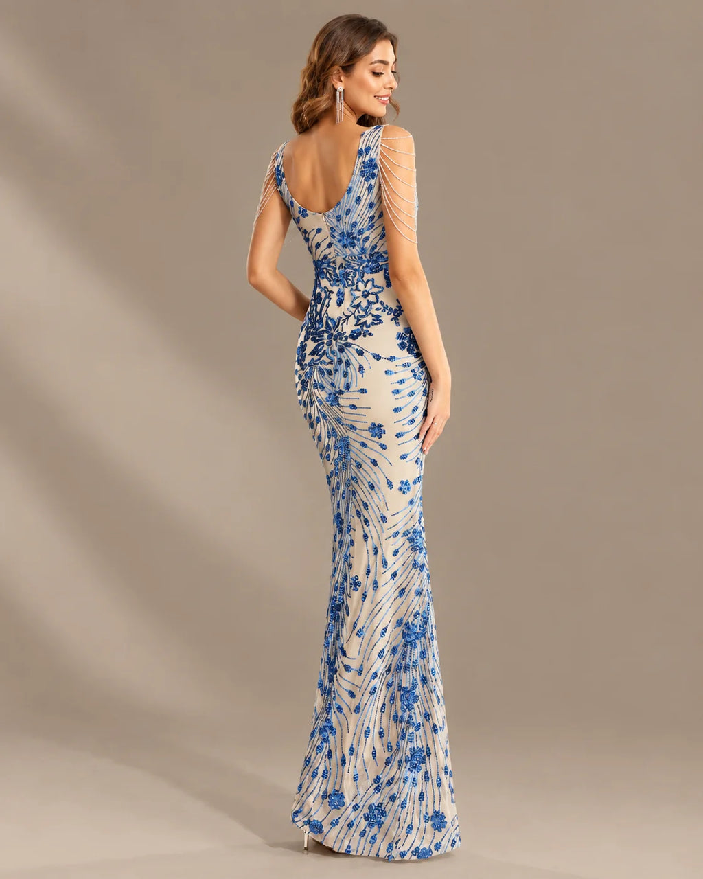V-Neck Floral Sequin Embroidered Mermaid Evening Gown | Oyese