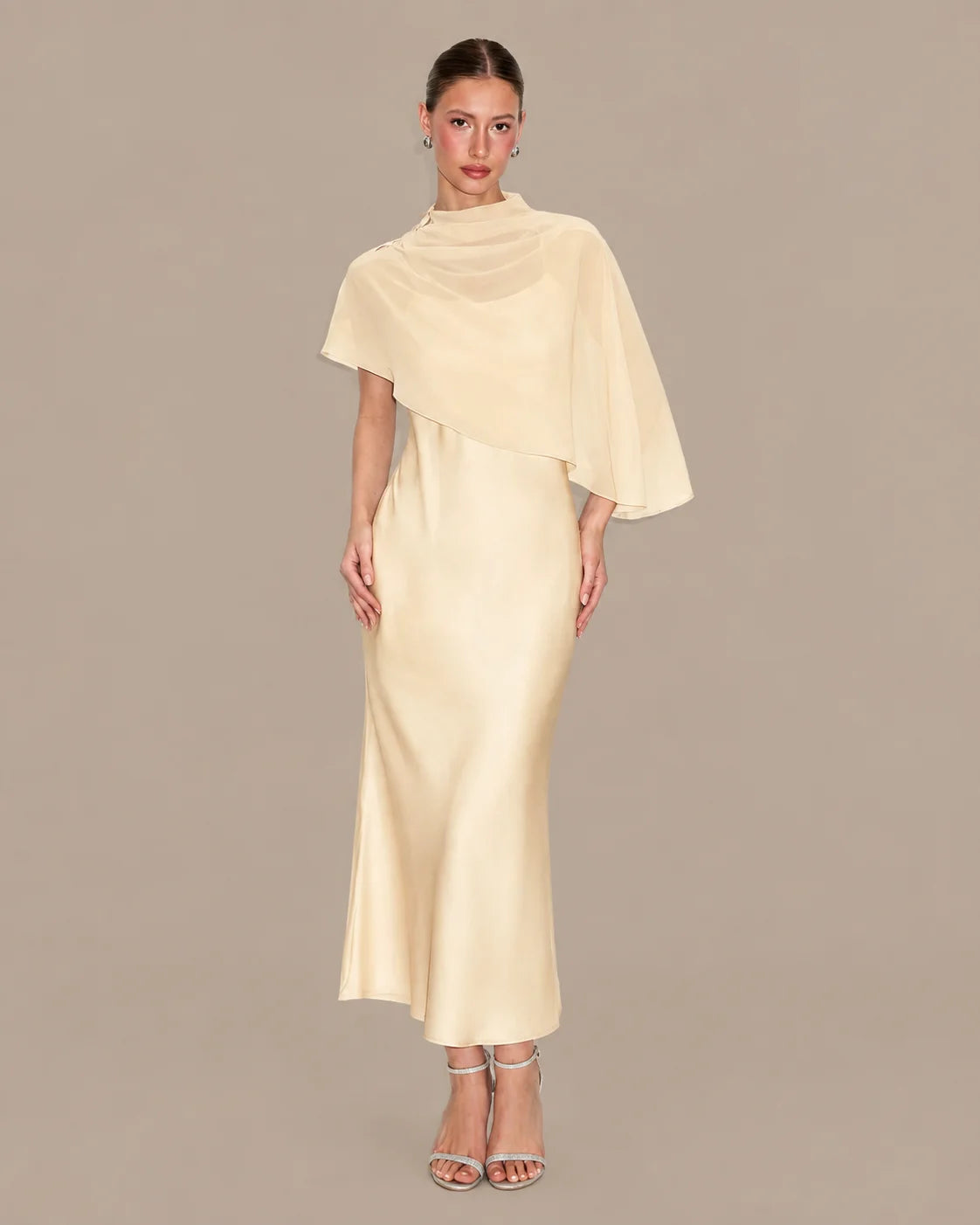 Chiffon Cape Mock Neck Satin Midi Dress – Elegant Cocktail Wedding Guest Dress | Oyese