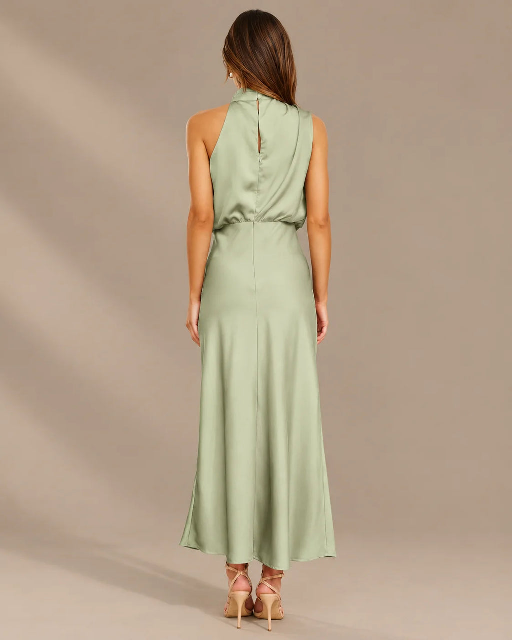 Halter Cowl Neck Draped Satin Midi Dress | Oyese