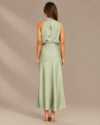 Halter Cowl Neck Draped Satin Midi Dress | Oyese