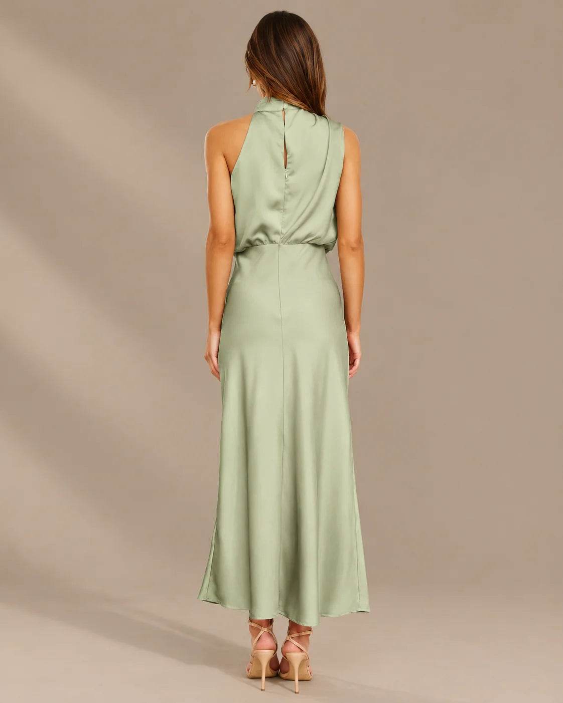 Halter Cowl Neck Draped Satin Midi Dress | Oyese