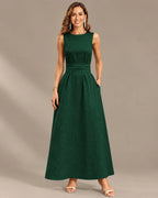 Round Neck Tie Waist Relaxed Maxi Dress – Sleeveless Textured Casual Dress | Oyese
