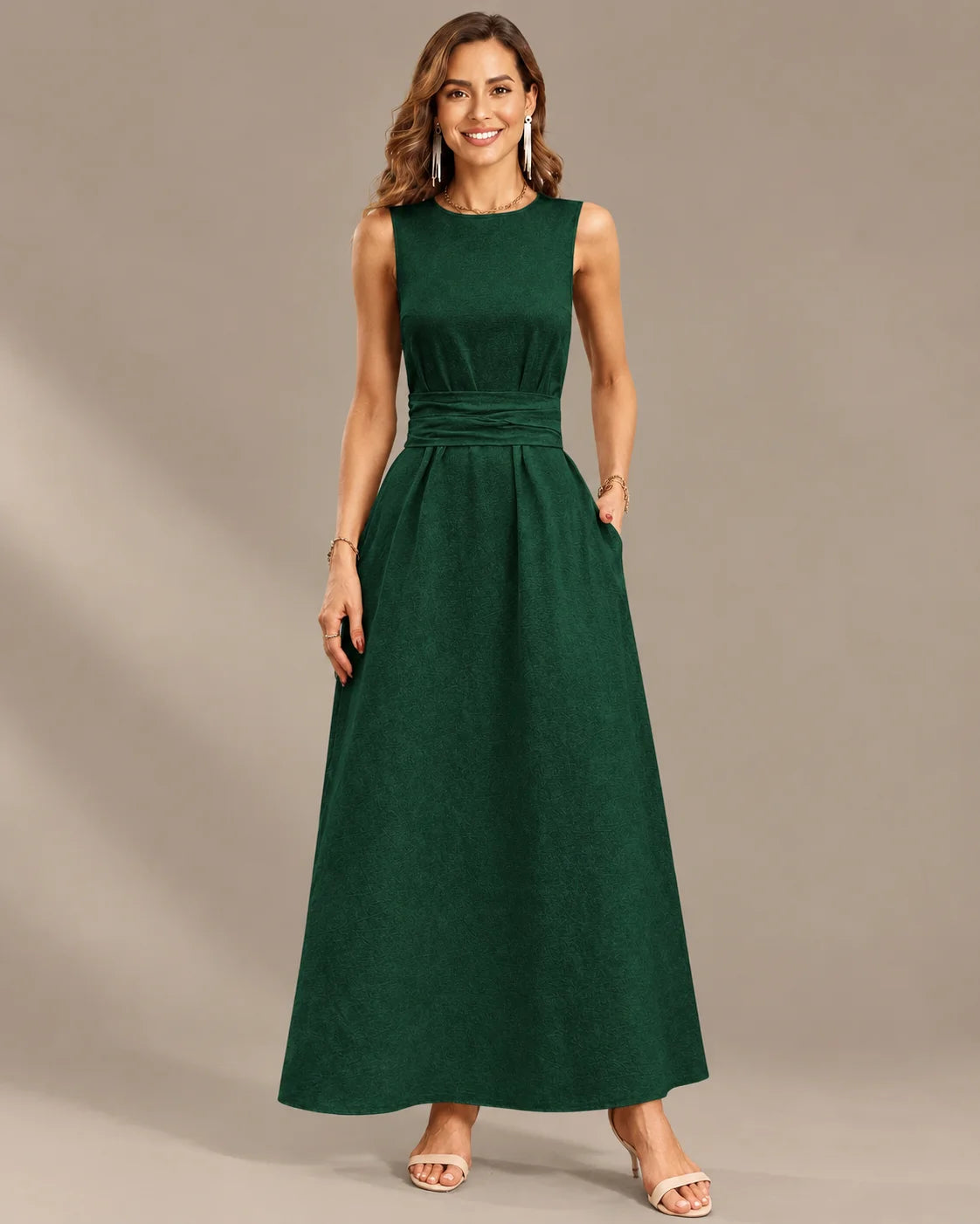 Round Neck Tie Waist Relaxed Maxi Dress – Sleeveless Textured Casual Dress | Oyese