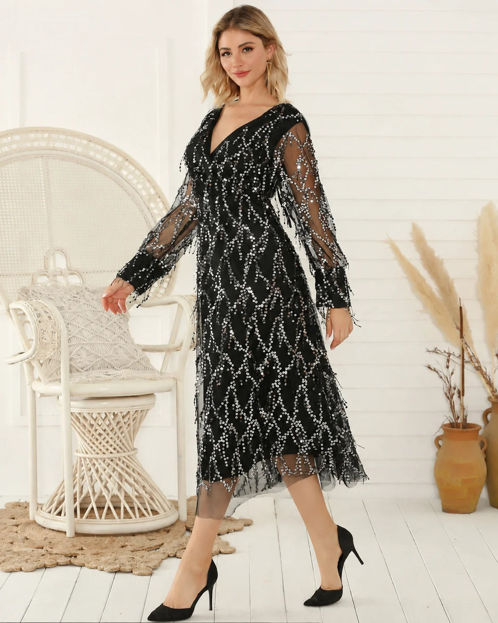 V-Neck Long Sleeve Sequin Fringe Mesh Midi Dress | Oyese