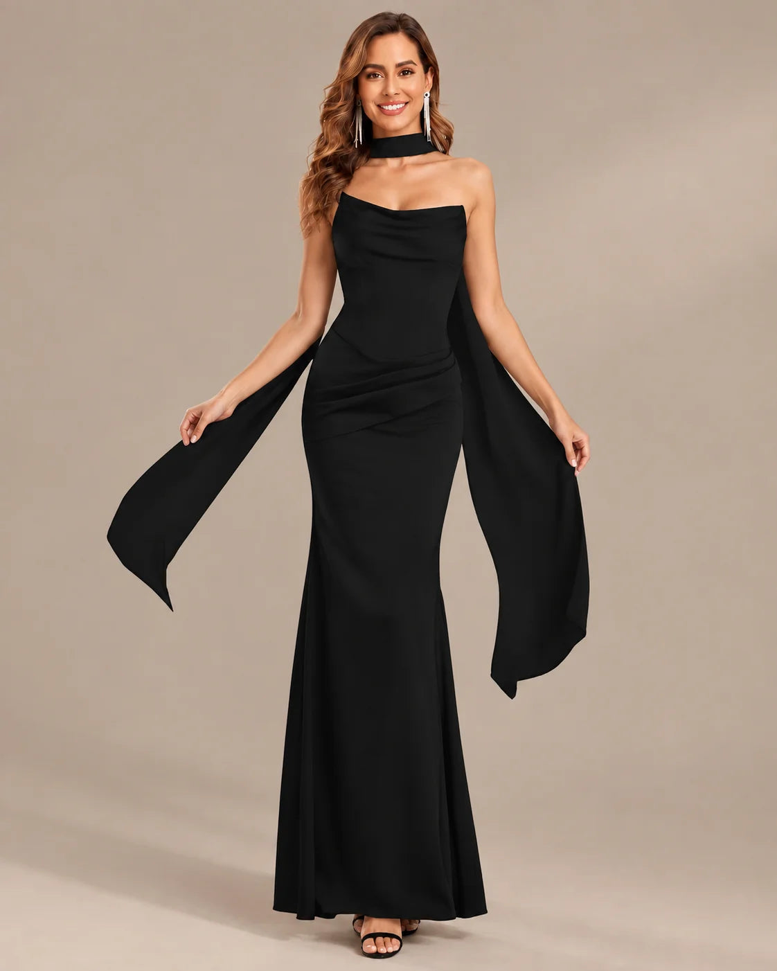 Satin Choker Neck Mermaid Gown – Asymmetric Draped Sleeve Formal Dress | Oyese