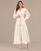 V-Neck Lace Lantern Sleeve Tasseled Belt Midi Dress | Oyese