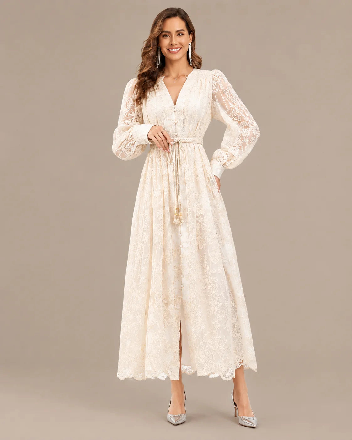 V-Neck Lace Lantern Sleeve Tasseled Belt Midi Dress | Oyese