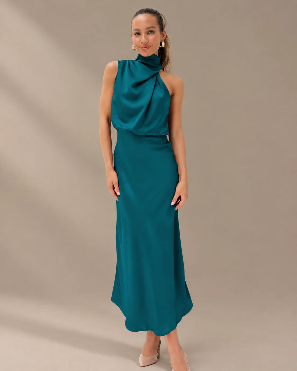 Halter Cowl Neck Draped Satin Midi Dress | Oyese