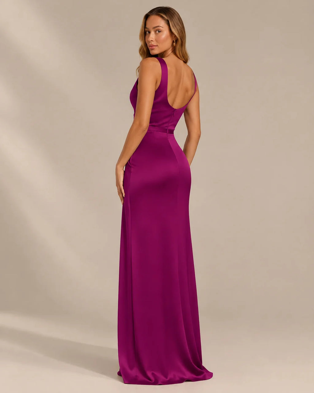 Satin Cowl Neck Ruched Maxi Dress – High Slit Evening Gown | Oyese