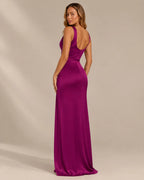 Satin Cowl Neck Ruched Maxi Dress – High Slit Evening Gown | Oyese