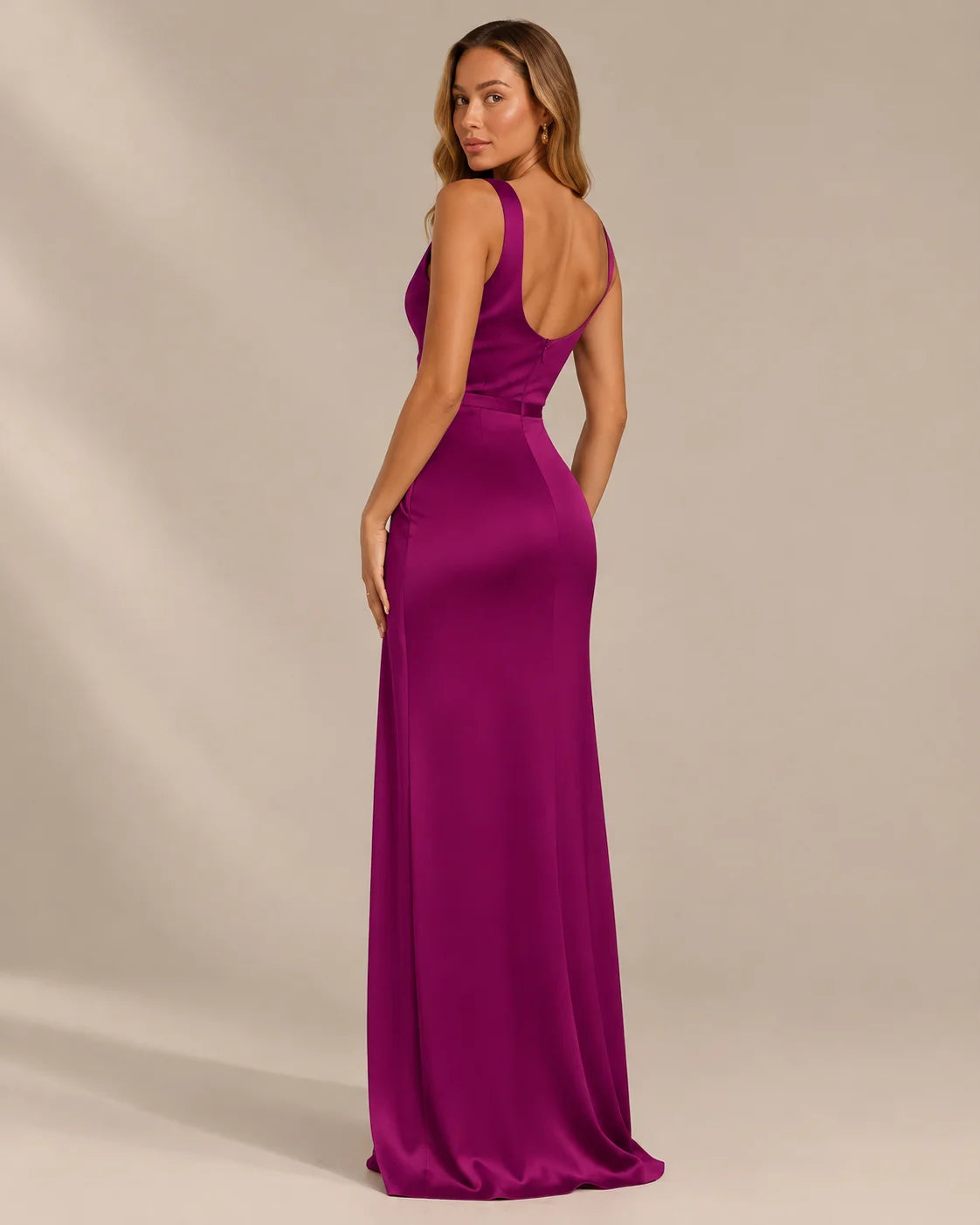 Satin Cowl Neck Ruched Maxi Dress – High Slit Evening Gown | Oyese