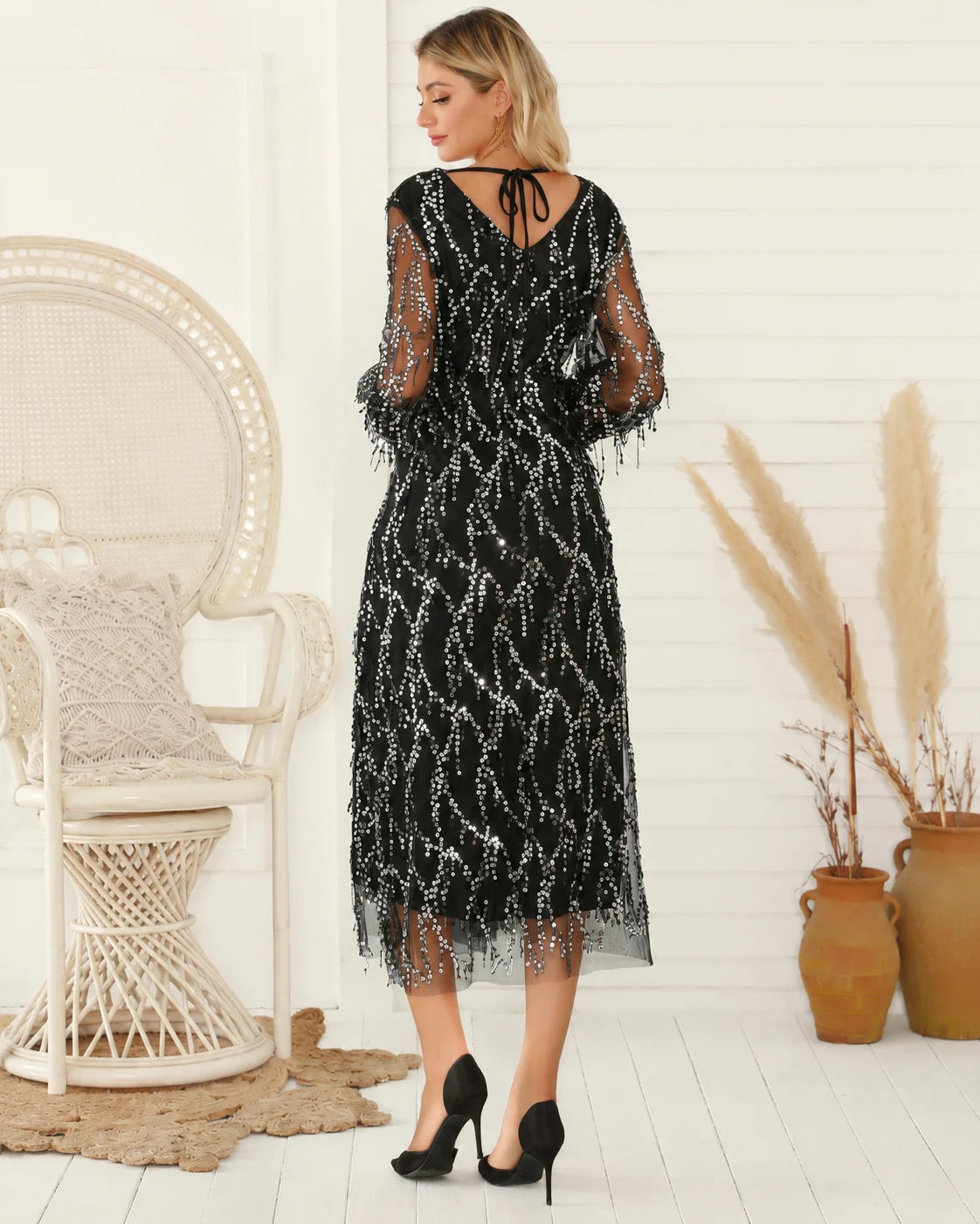 V-Neck Long Sleeve Sequin Fringe Mesh Midi Dress | Oyese
