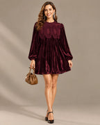 Velvet Lace Yoke Long Puff Sleeve Babydoll Mini Dress | Oyese