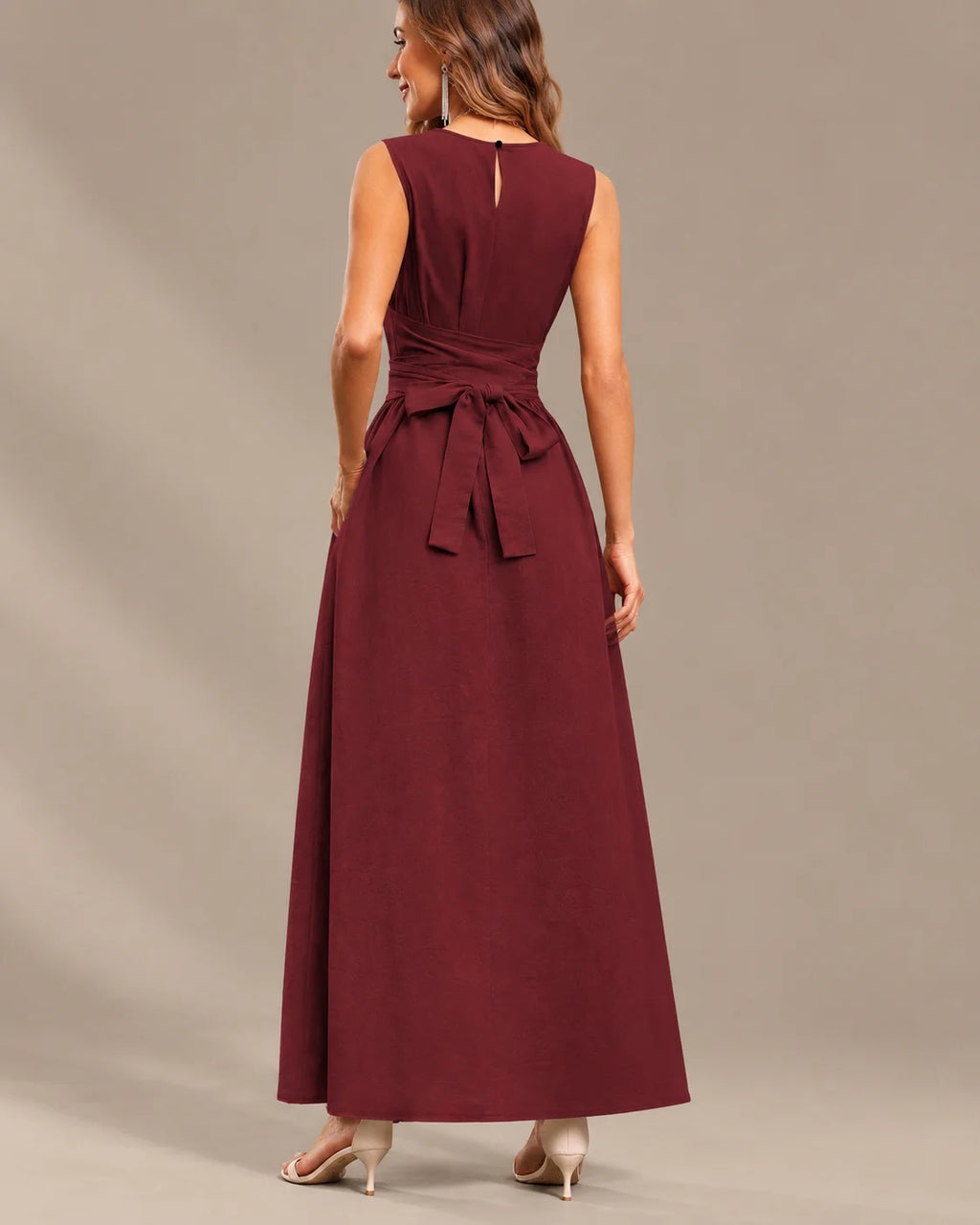 Round Neck Tie Waist Relaxed Maxi Dress – Sleeveless Textured Casual Dress | Oyese