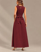 Round Neck Tie Waist Relaxed Maxi Dress – Sleeveless Textured Casual Dress | Oyese