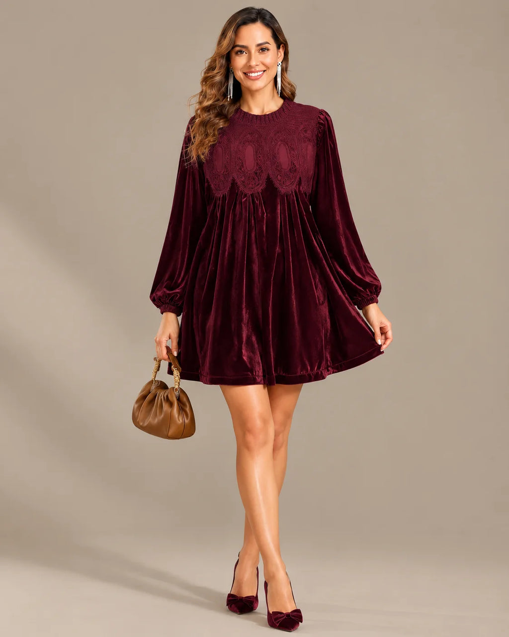 Velvet Lace Yoke Long Puff Sleeve Babydoll Mini Dress | Oyese